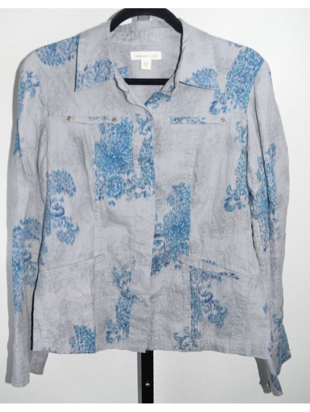 Coldwater Creek Ikat Print Linen Snap Pocket Shirt Blue Grey Boho Safari Size 10